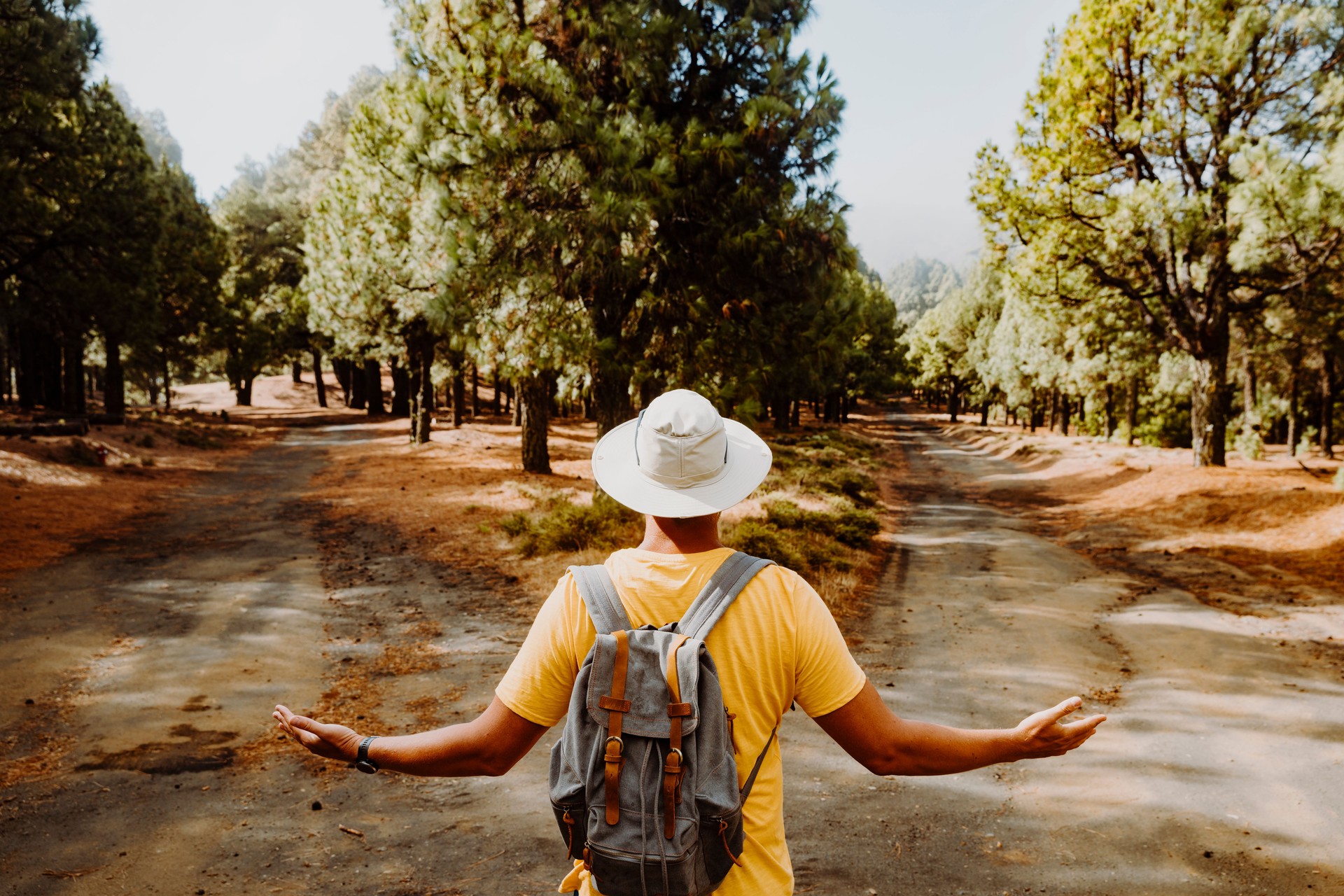 Hiker with short pants and without shoes stands in the forest and does not know which is the right way